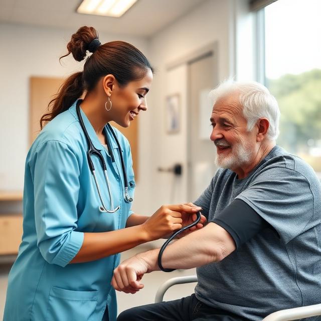 Healthcare provider performing routine wellness checkup including blood pressure measurement and physical examination
