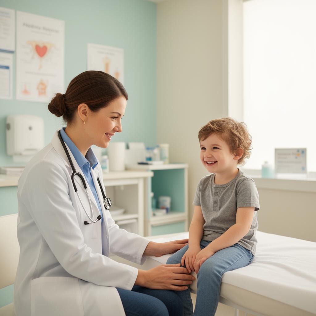 Female pediatrician with stethoscope smiling at young child during well-child checkup at Primary Med Clinic in Tucson, AZ