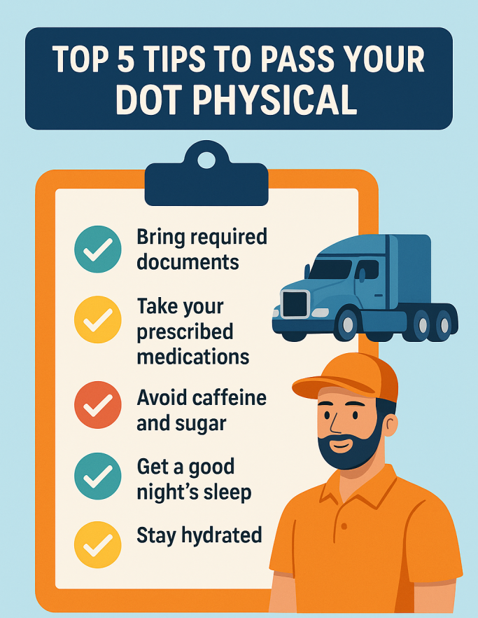Top 5 tips to pass your DOT physical: bring required documents, take prescribed medications, avoid caffeine and sugar, get a good night's sleep, and stay hydrated